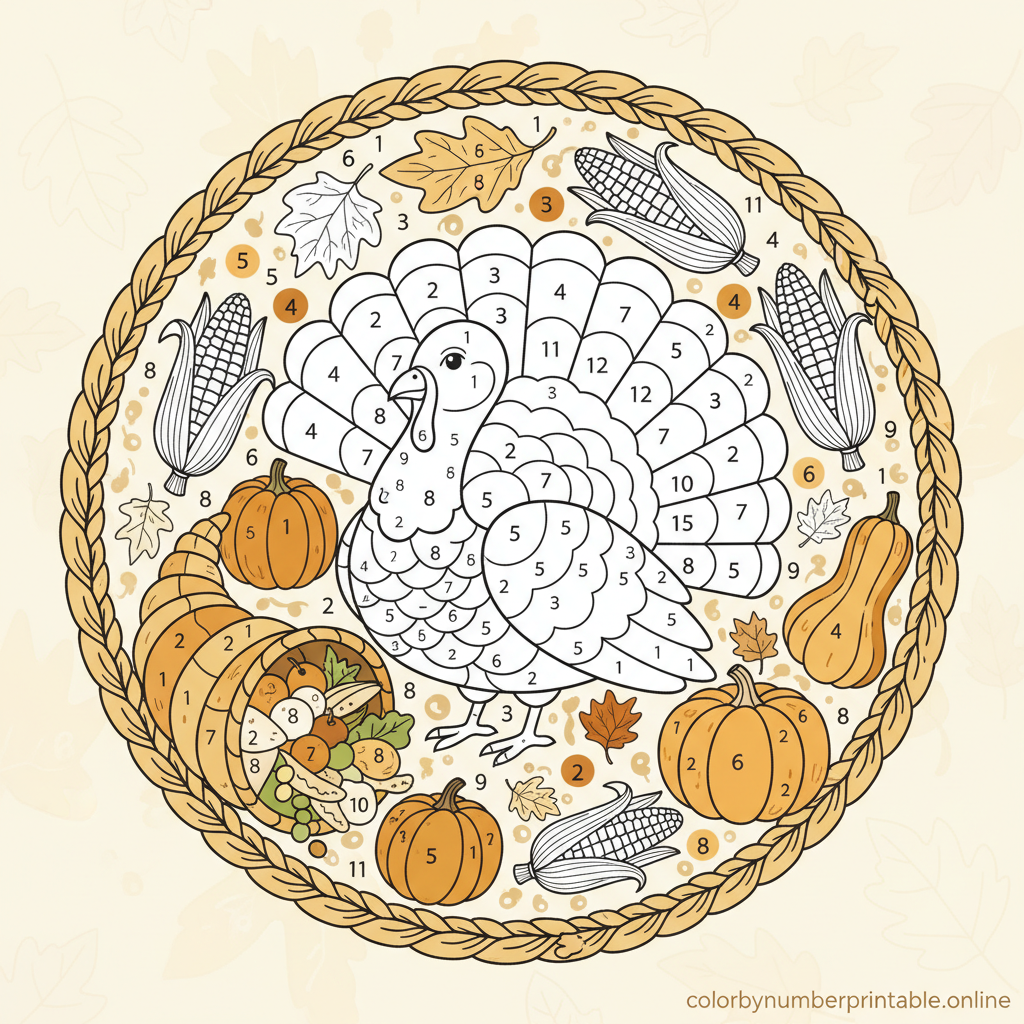 Thanksgiving color by number printable showing turkey and cornucopia, warm brown-yellow tones, and cozy harvest-themed details